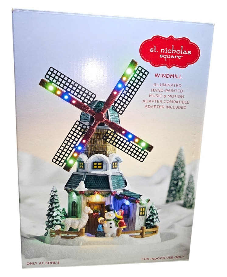 St. Nicholas Square Village Windmill LED Lights Music And Motion NEW In Box