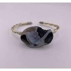 Handmade Stone Bracelet Polished Stone On Facing Twisted Metal Band Adjustable