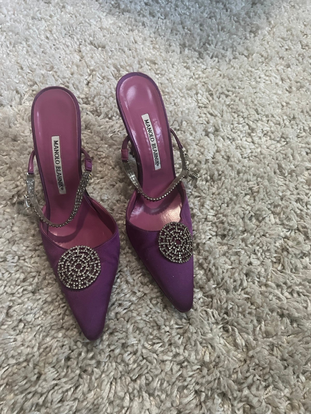 Manolo Blahnik Satin crystal embellishment mules