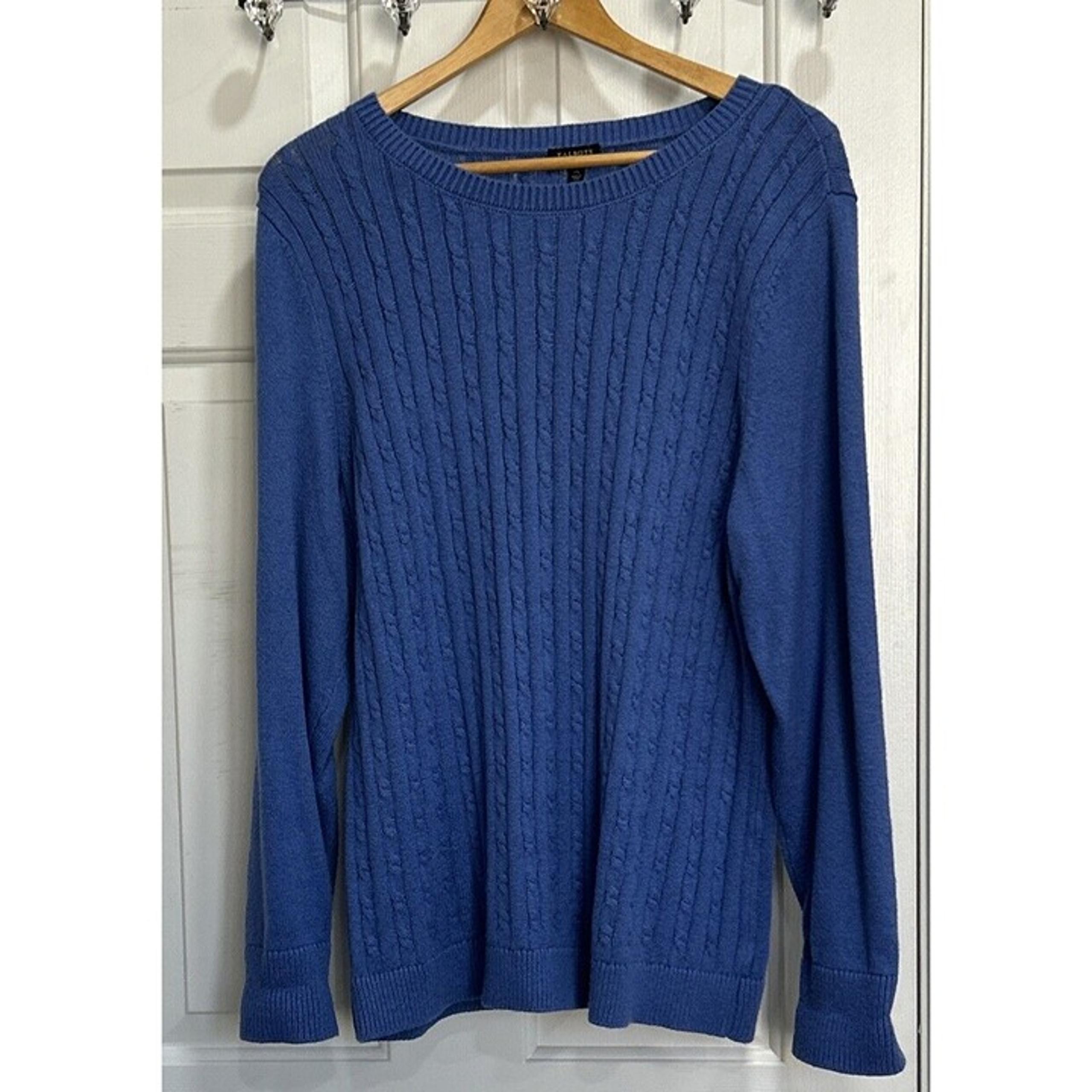 Cable Knit Sweater Womens XL Long Sleeve Blue Crew Neck Pullover Cozy - Talbots