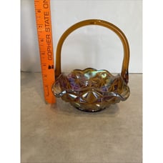 Vintage Amber Carnival Glass Basket with Handle Monticello Indiana Square 7.5”