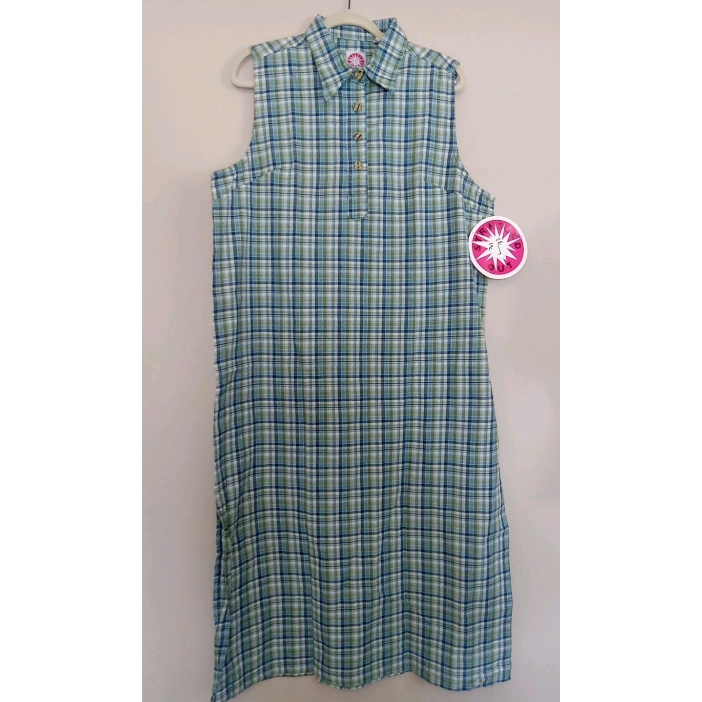 Stressed Out Jenna Lane Blue Green Plaid Sleeveless Collared Cotton Dress Sz 2X