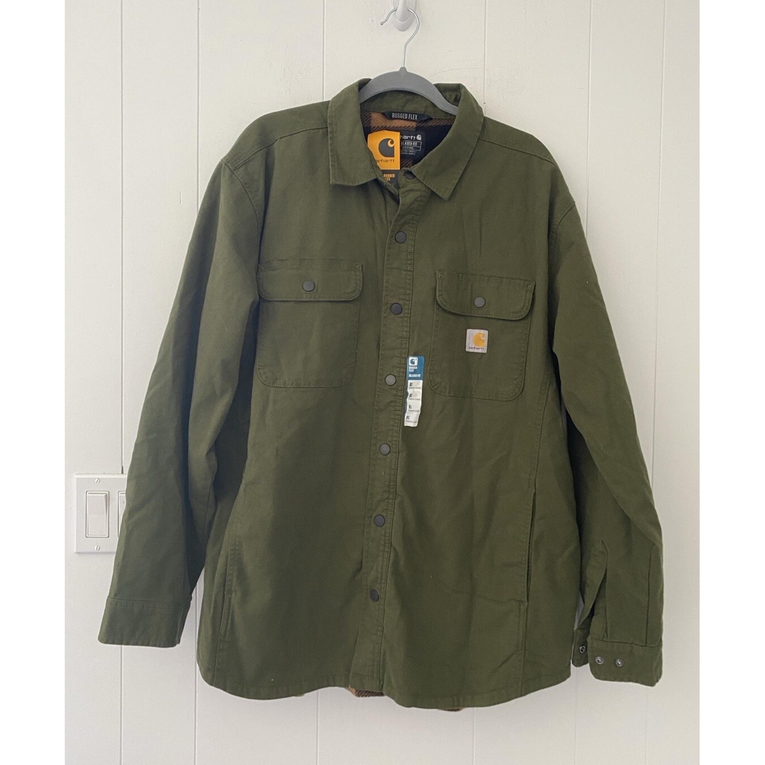 New Carhartt Mens Rugged Flex Relaxed Canvas Fleece-Lined Shirt Jacket Green