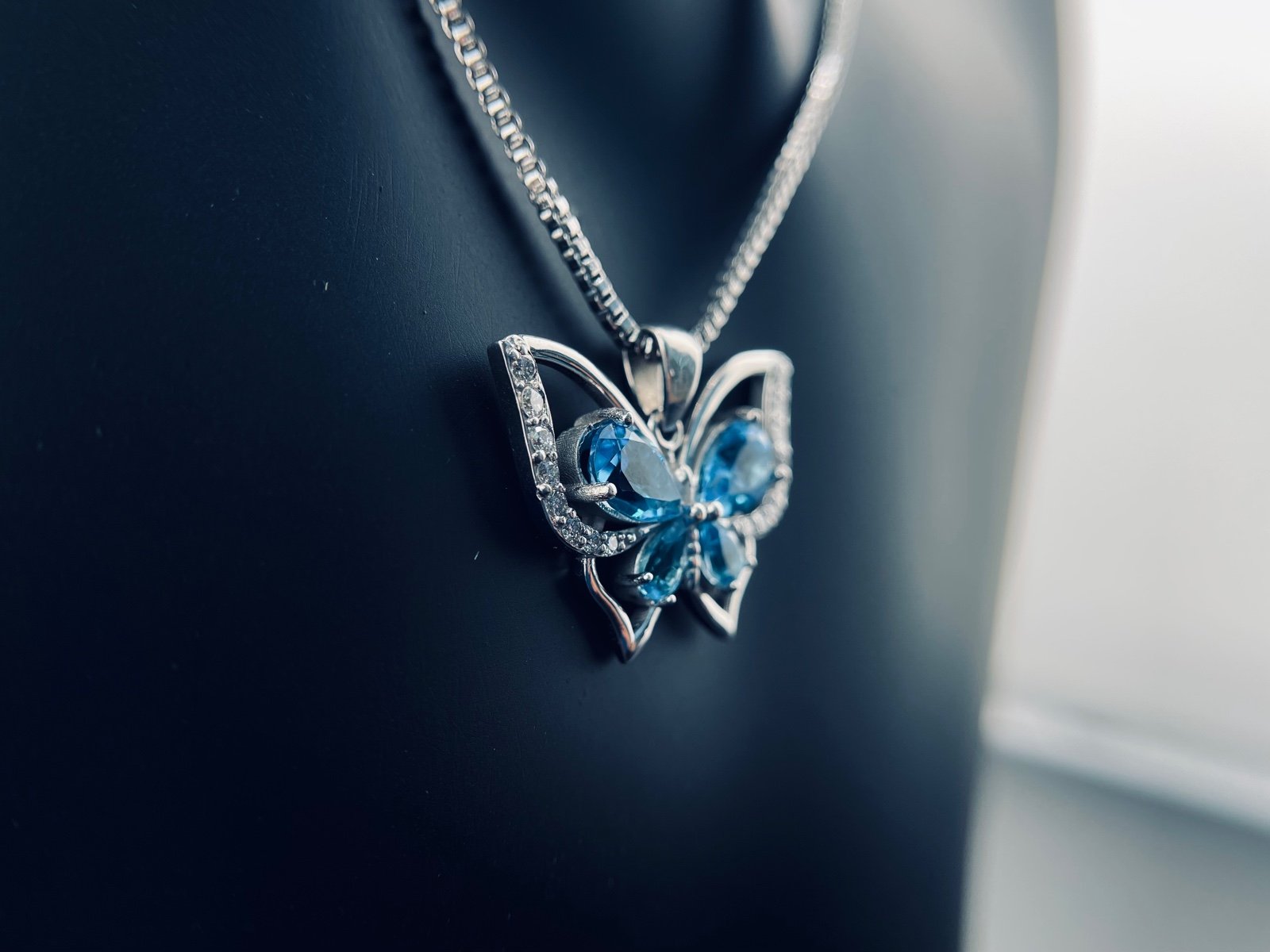 14K solid white gold butterfly pendant with natural diamonds and aquamarines