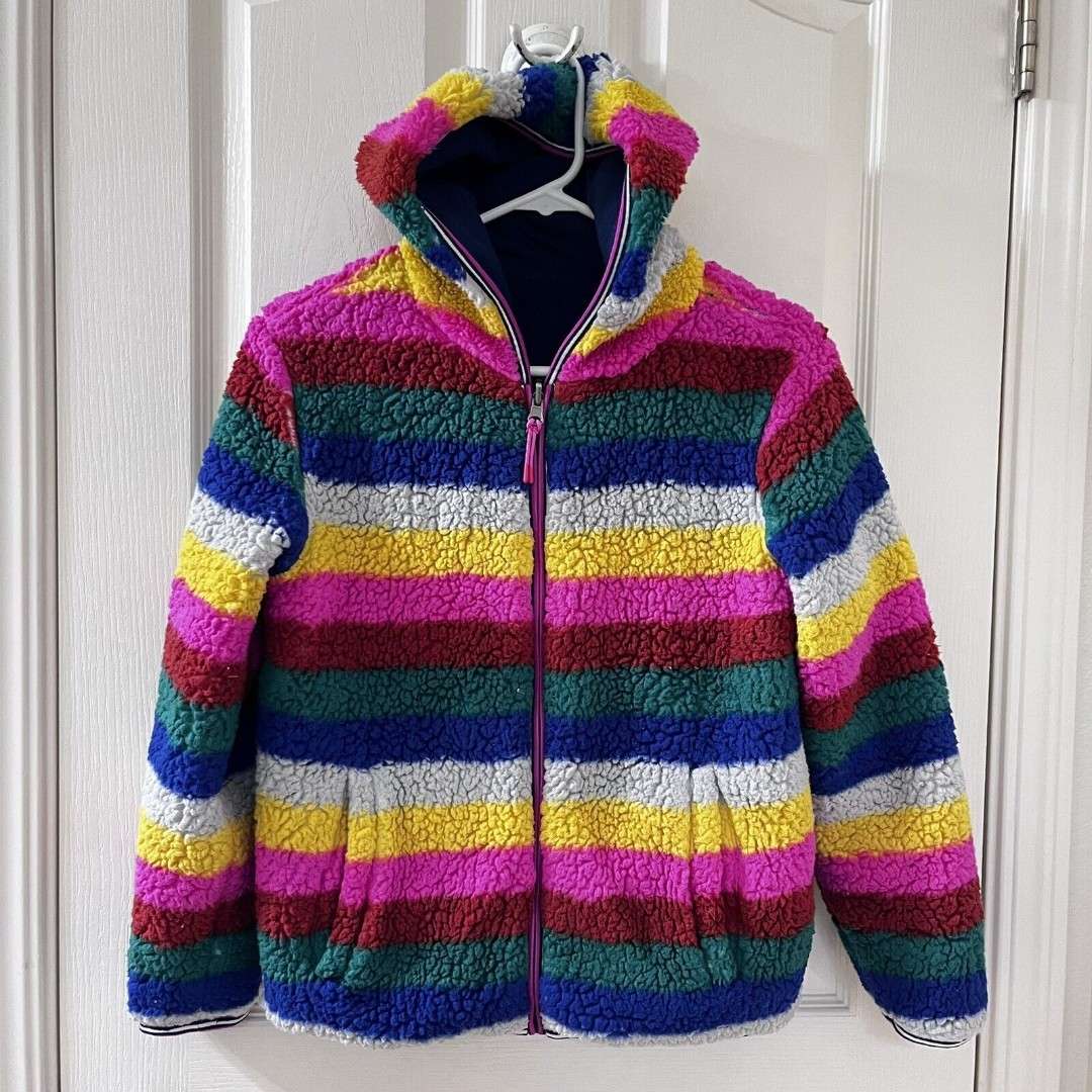 Mini Boden Rainbow Striped Cosy Reversible Fleece Hoodie Jacket Girls Size 11-12