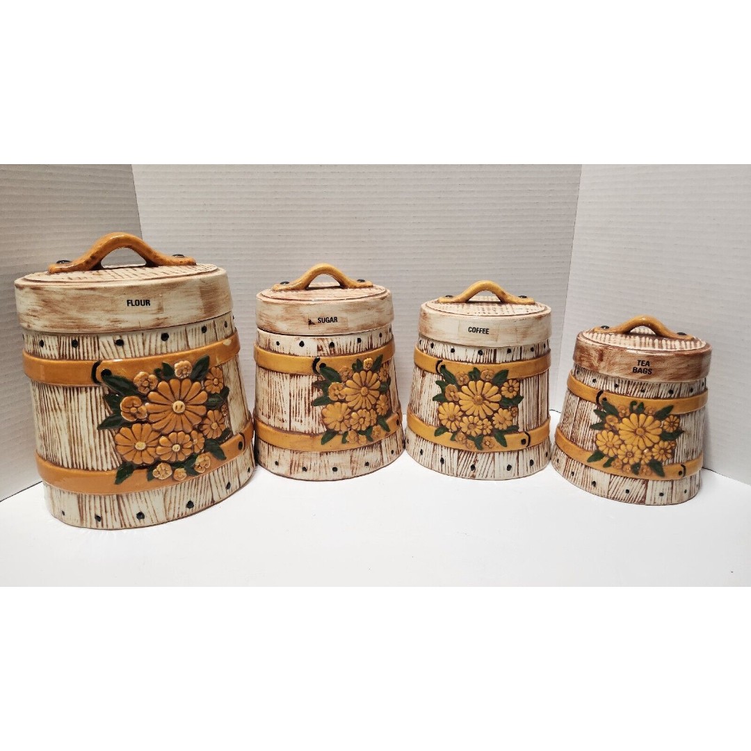 Atlantic Moulding Whiskey Barrel Yellow Daisy Canisters 4 Piece Set With Lids