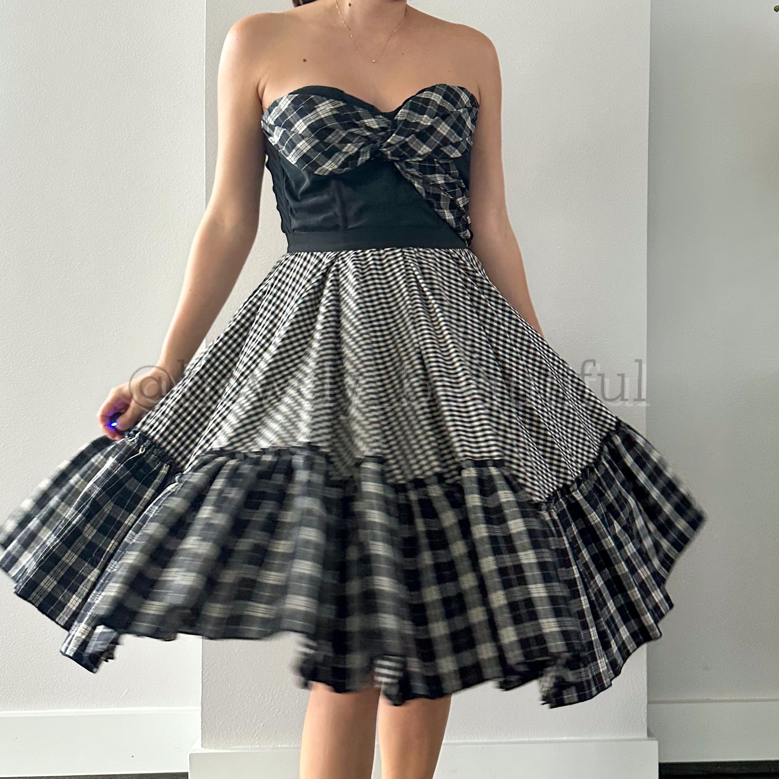 Dolce & Gabbana Sweetheart White and Black Check Tiered Midi Dress