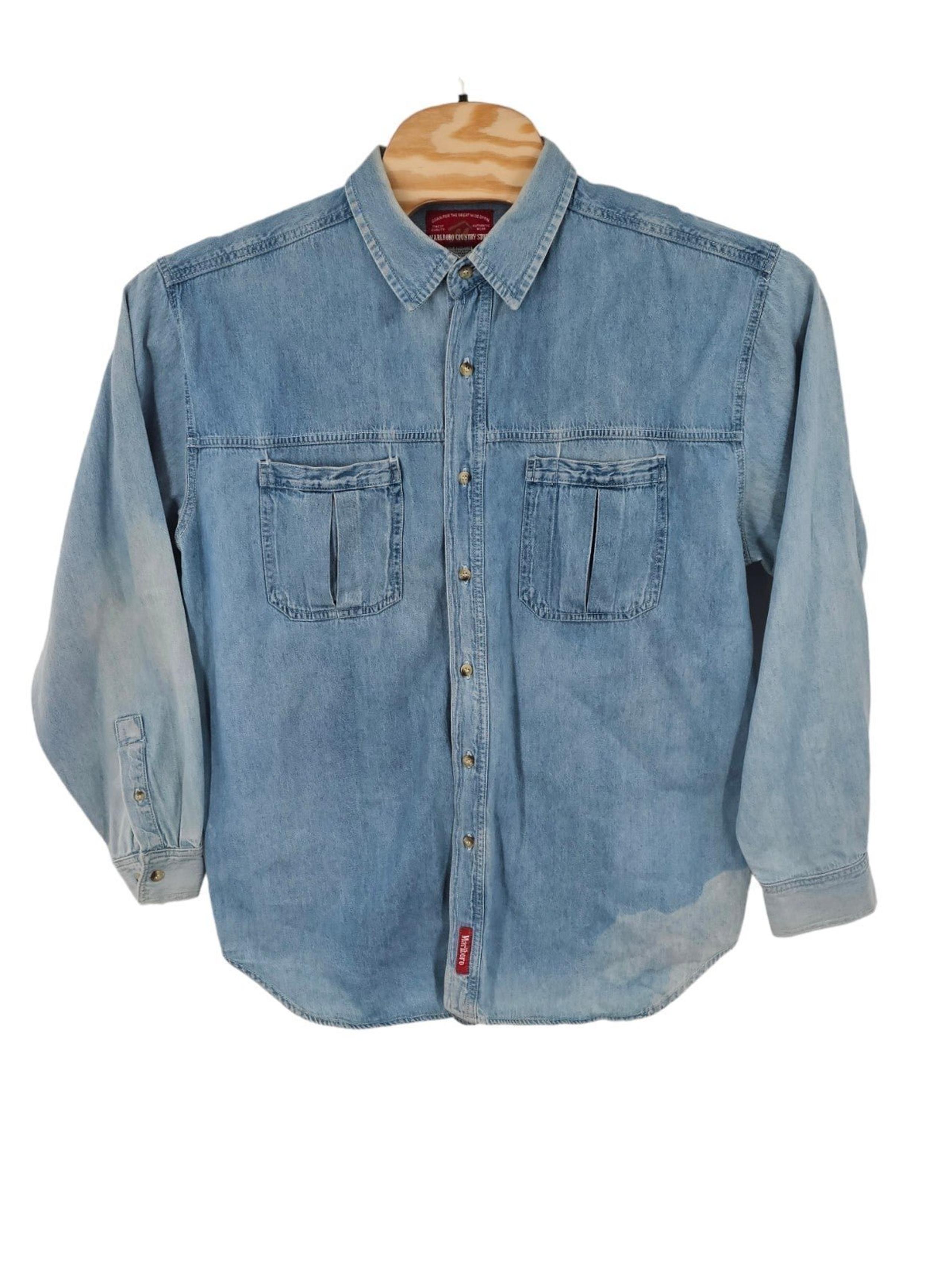 Marlboro Denim Shirt Vintage Blue Men's XL Long Sleeve Button-Up Distressed
