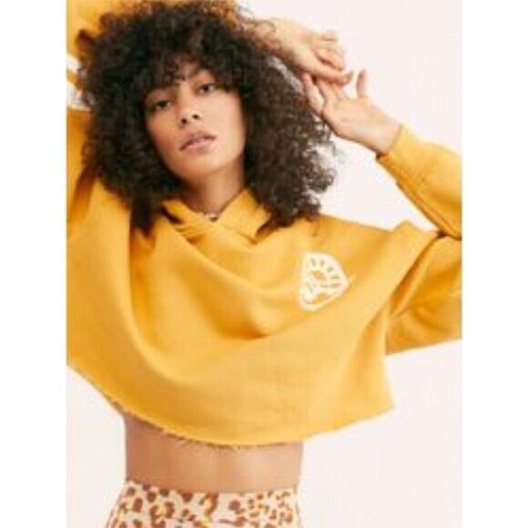 NWT Free People Baldwin Graphic Crop Hood Sweater Hoodie Sky Canary Yellow Small