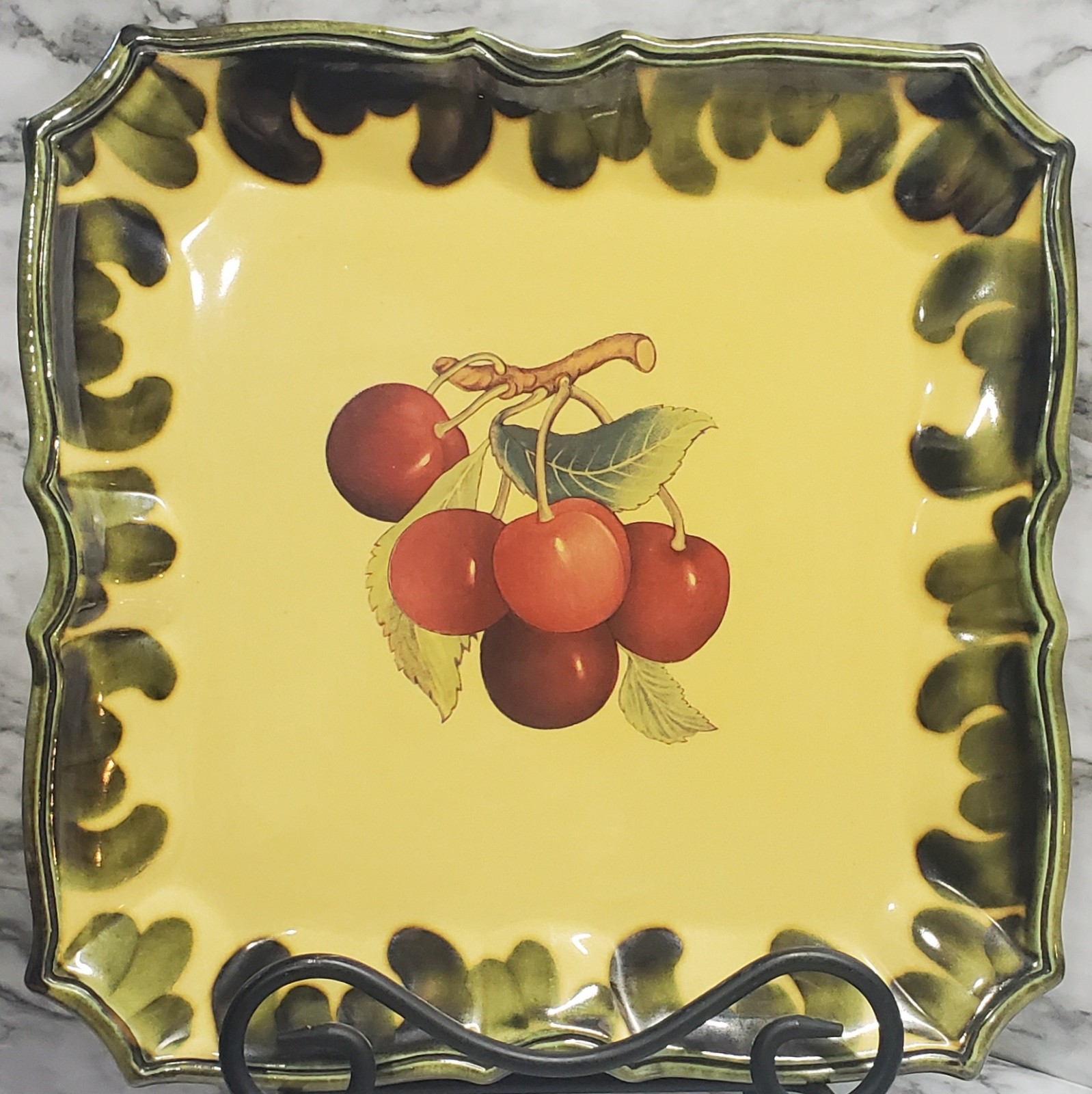 Pizzato Italian square serving platter. Cherries. Yellow. Green edging.
