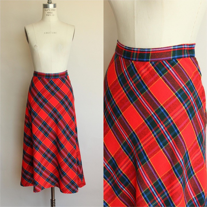 Vintage 1950s Skirt, Red Plaid Wool Tartan A Line