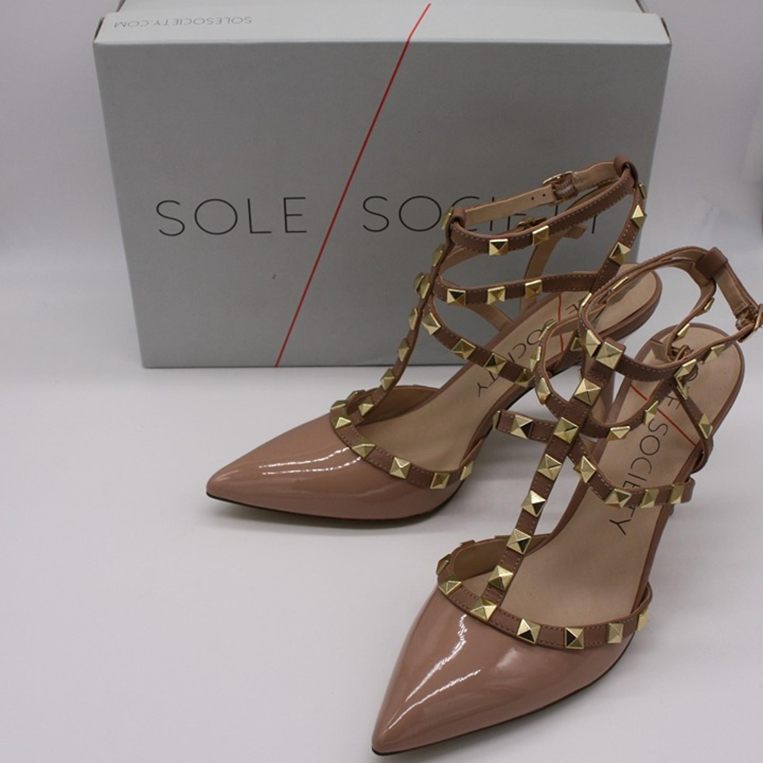 Sole Society Tiia Studded T-Strap Heel Shoes in Adobe size US 9.5 Brand New