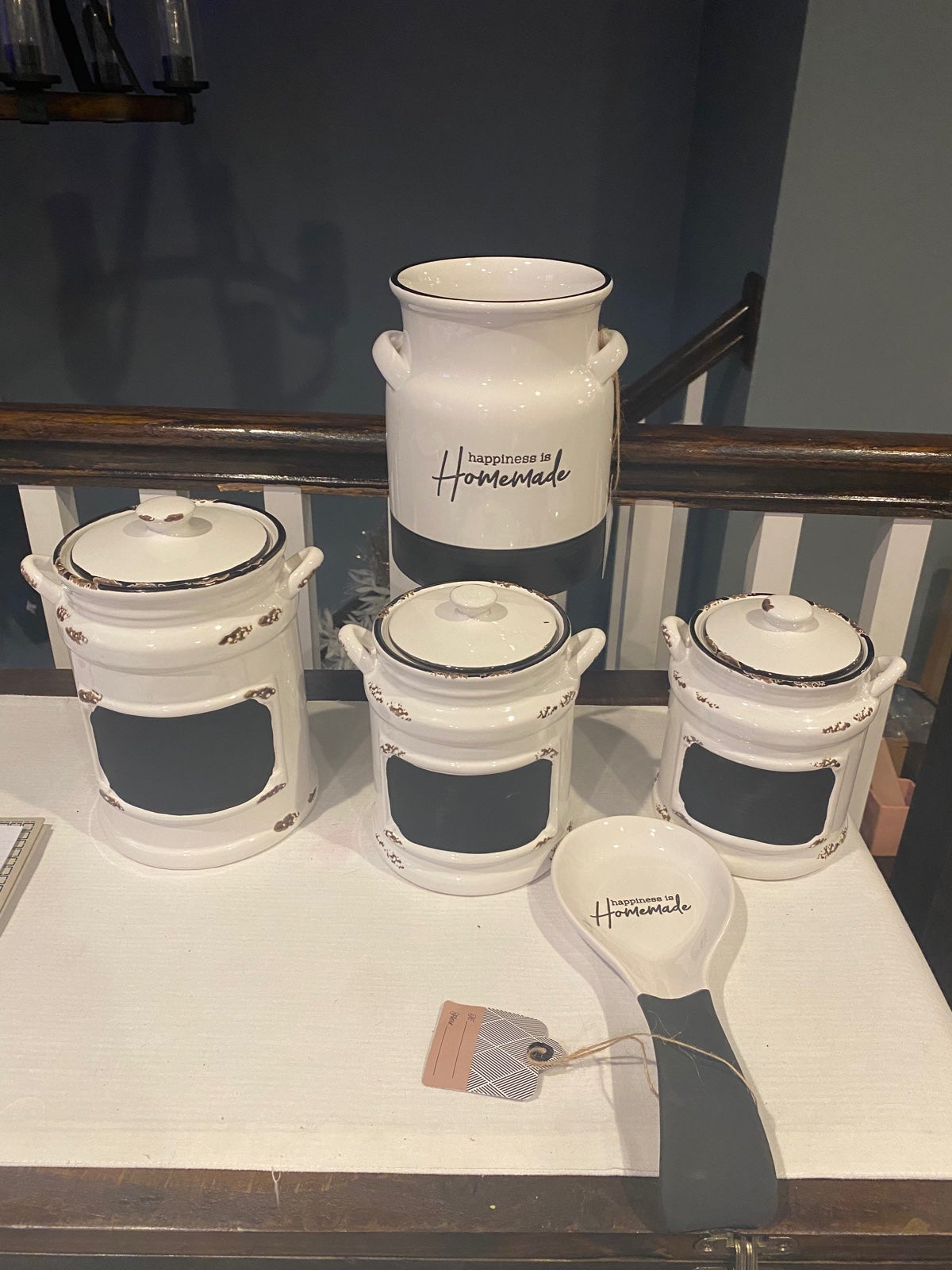 White ceramic/chalkboard canisters, utensil holder, & spoon rest