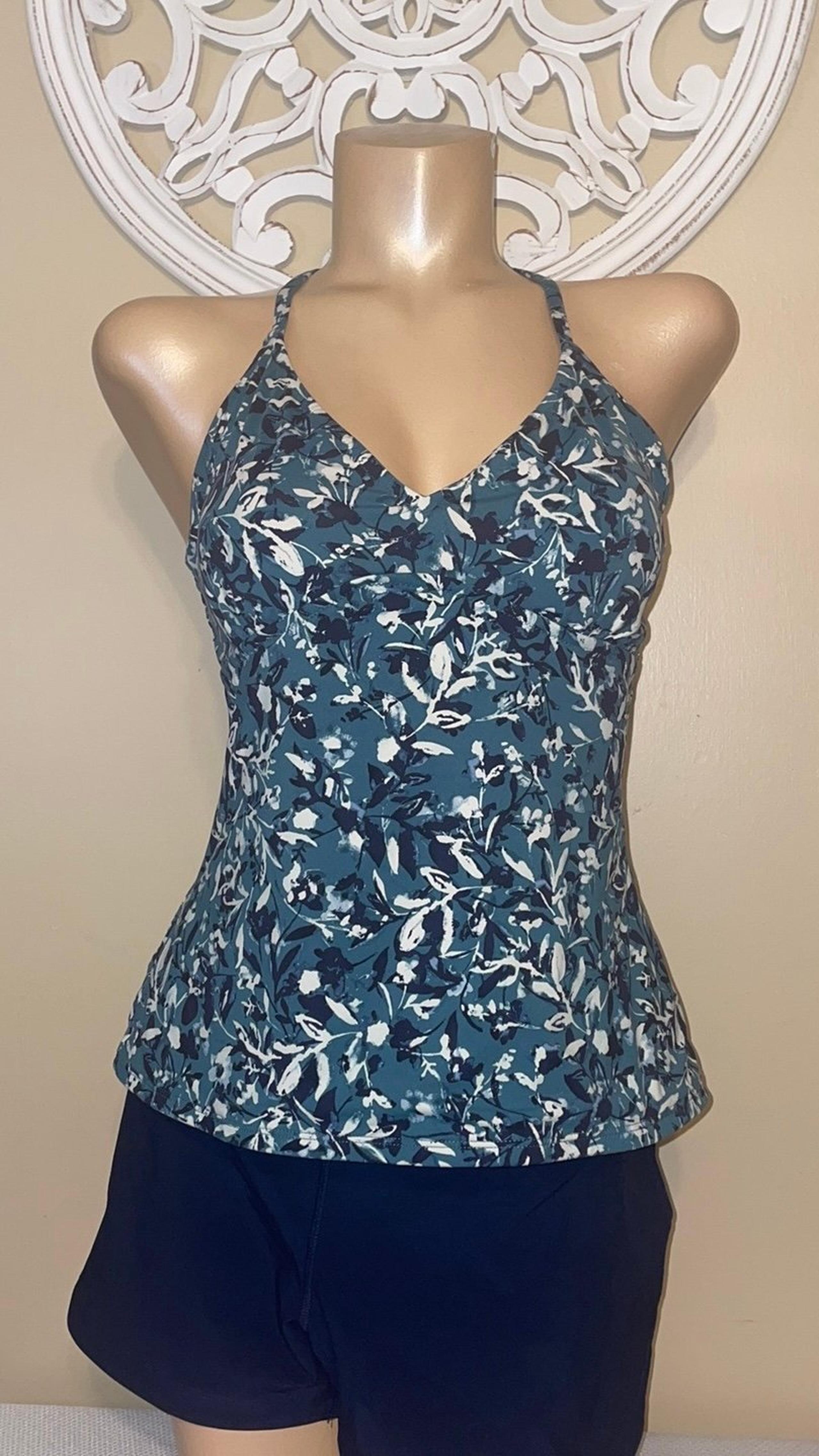 Garnet Hill women’s tankini top 12 bathing suit swim floral coverage vneck green