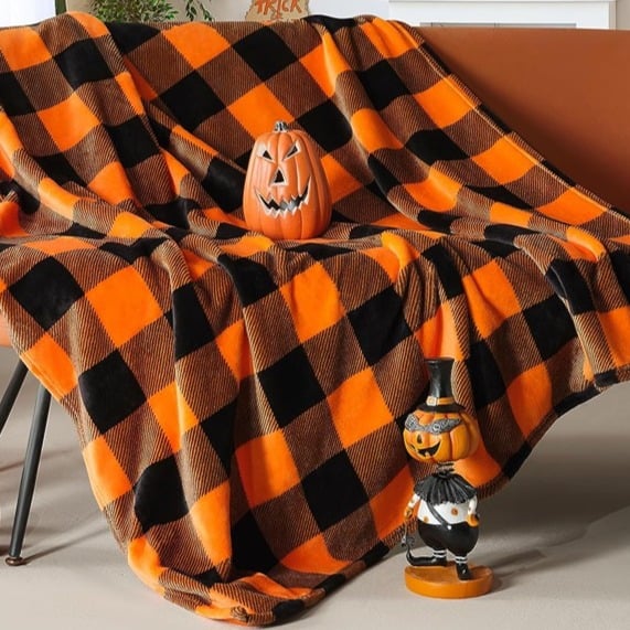 Fleece Throw Blankets, Orange Buffalo Plaid Throw Blanket, 50 x 60