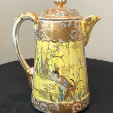Antique Japanese Moriage Yellow Teapot Gold Gilt Hand Painted Birds, Unmarked