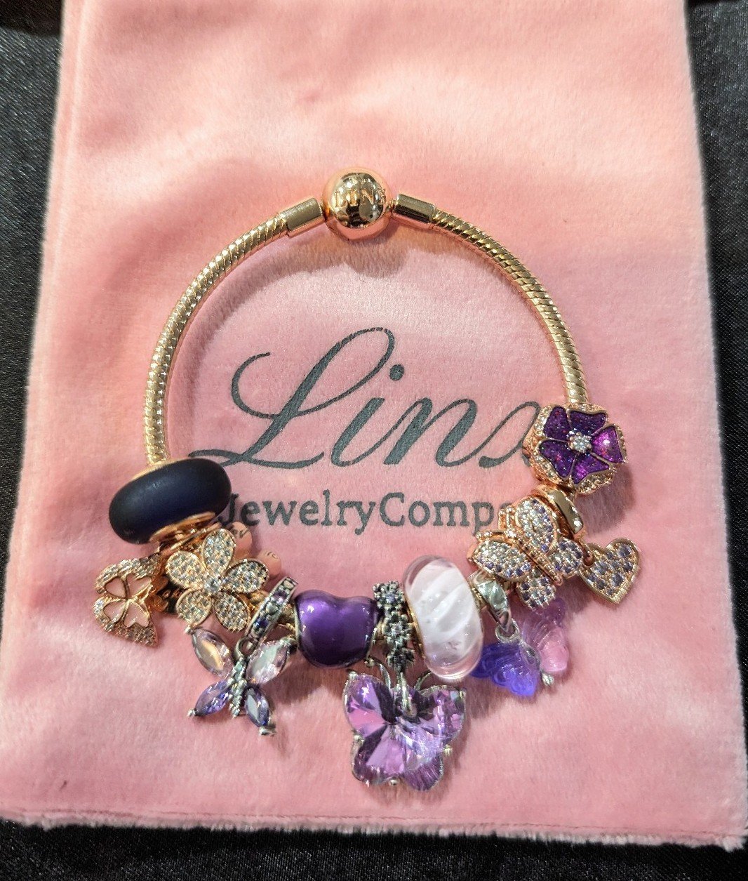 Linx Rose Gold Snake Chain Bracelet with Purple Butterfly and Flower Charms