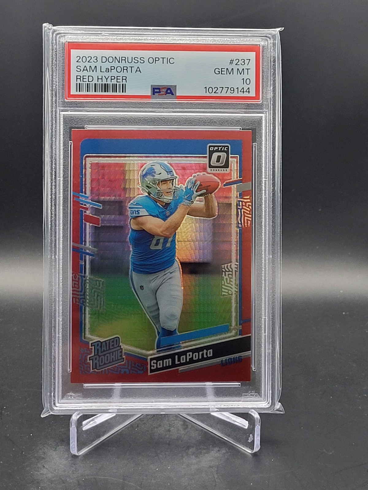 2023 Donruss Optic Sam LaPorta Rated Rookie Red Hyper Prizm Graded PSA Gem 10