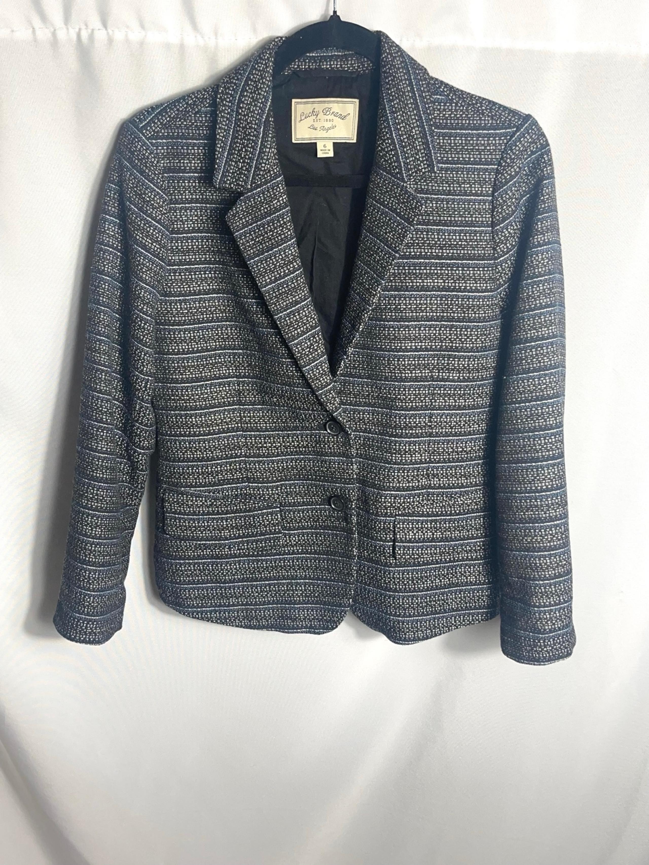 Lucky Brand Textured Stripe Blazer Size 6 Navy Gray Lined Button Jacket