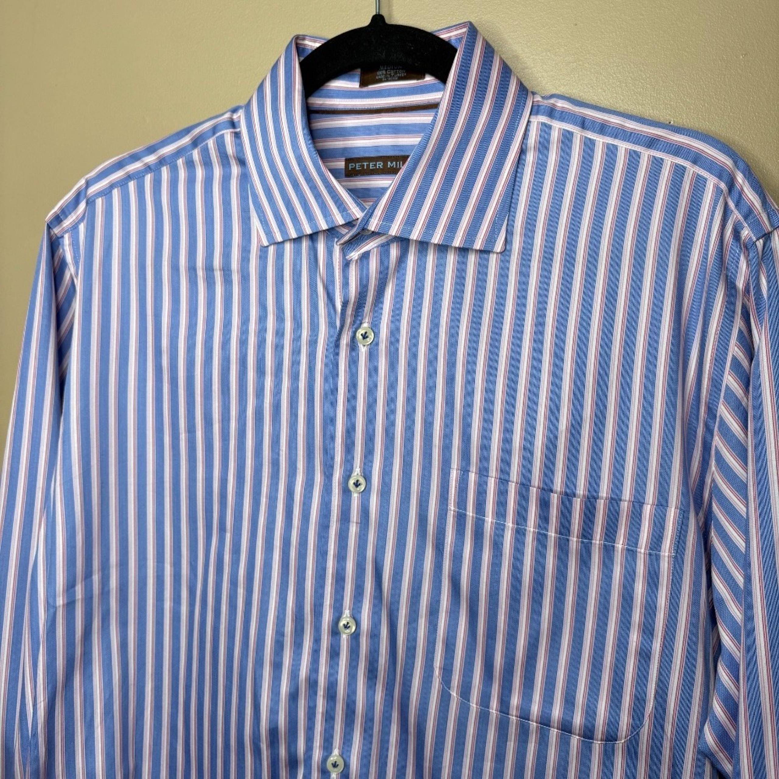 Peter Millar Men's Blue Striped Cotton Long Sleeve Button Front Shirt Size M