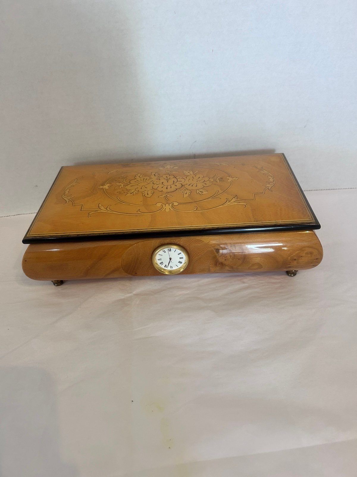 Inlaid Wood Italy Jewelry Music Box W/Quartz Clock