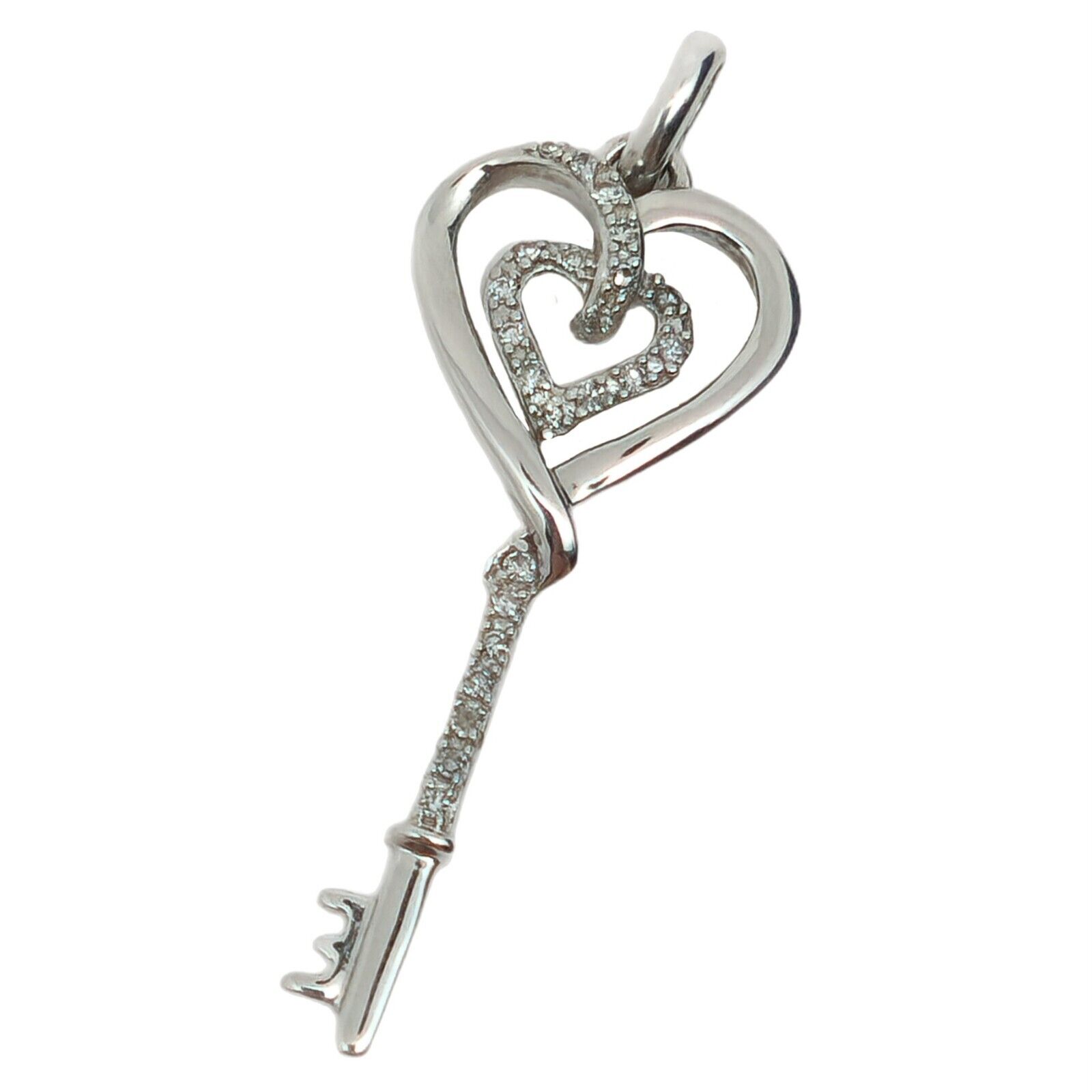 10k White Gold Diamond Heart Skeleton Key Pendant