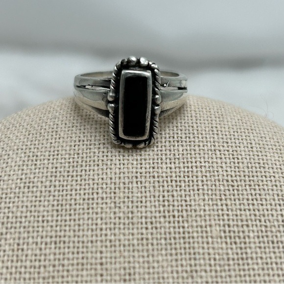 Sterling Silver Stamped 925 with a maker mark, small sz 5 1/4 Aprox, Black Inlay