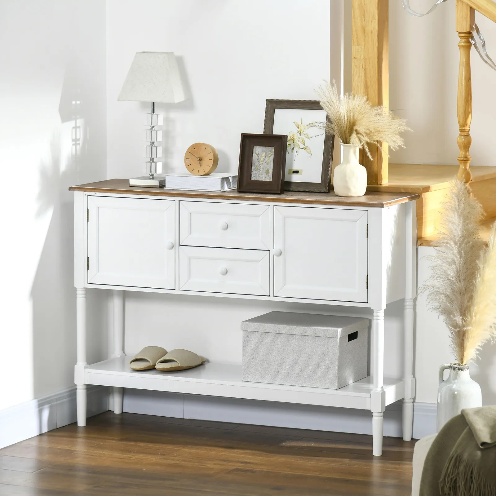 Retro Console Table W/ 2 Drawers and Cabinets, White