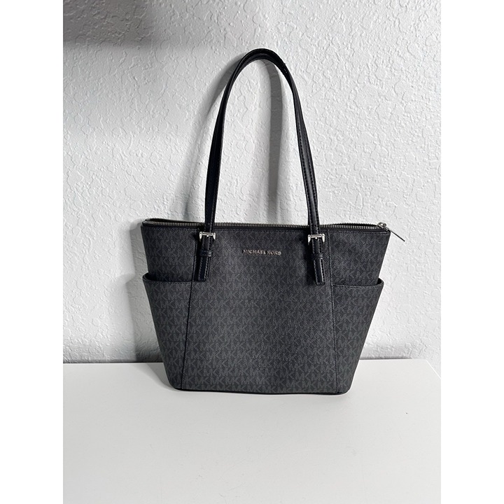 Michael Kors Jet Set East West Top Zip Logo Tote Black Leather EUC