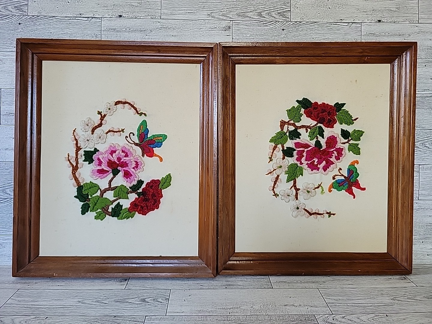 2 VTG MCM Wood Framed Butterfly Needlepoint Wall Art 70s Flowers Pair Handmade