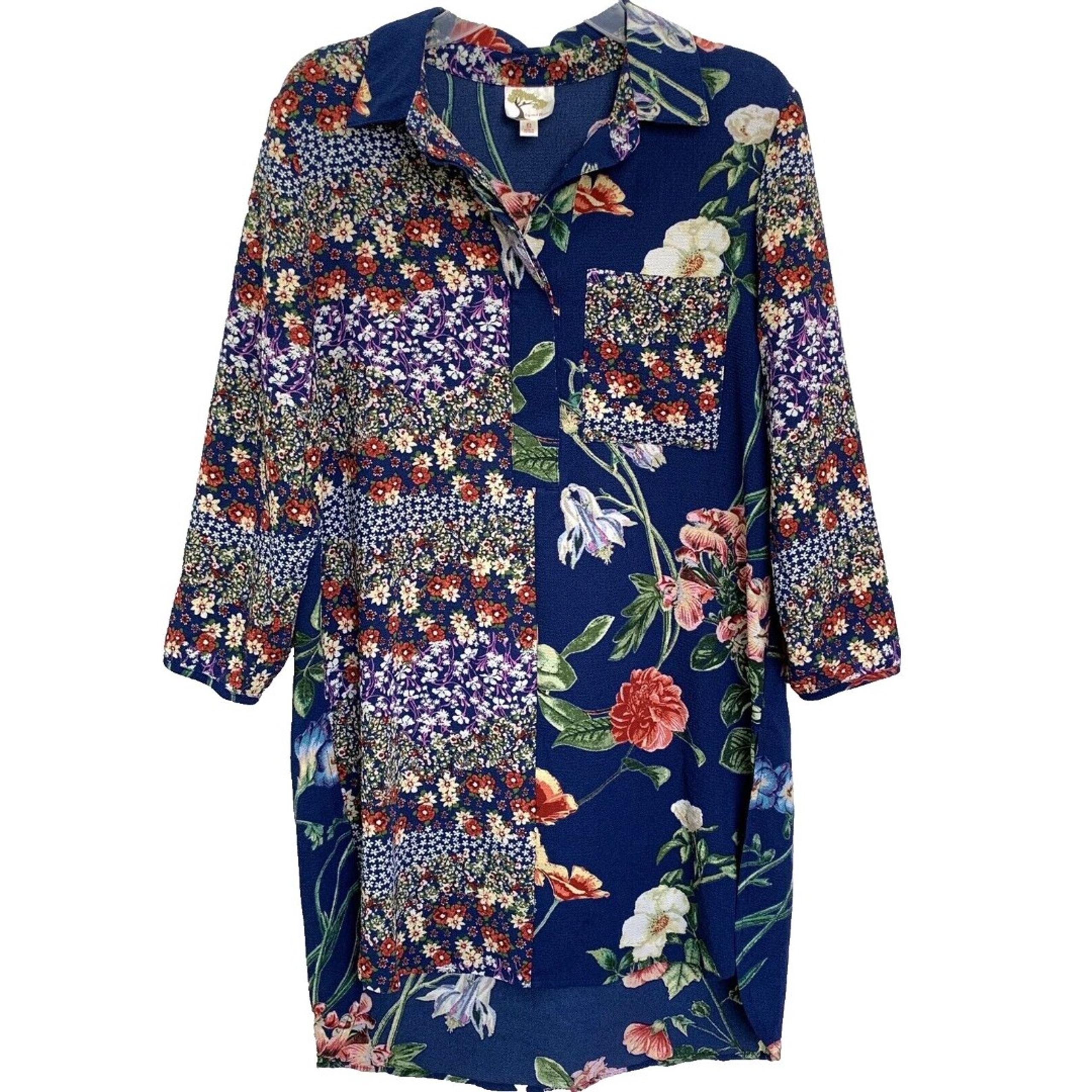 Fig Flower Blue Floral Long Blouse Tunic Boho Size Small