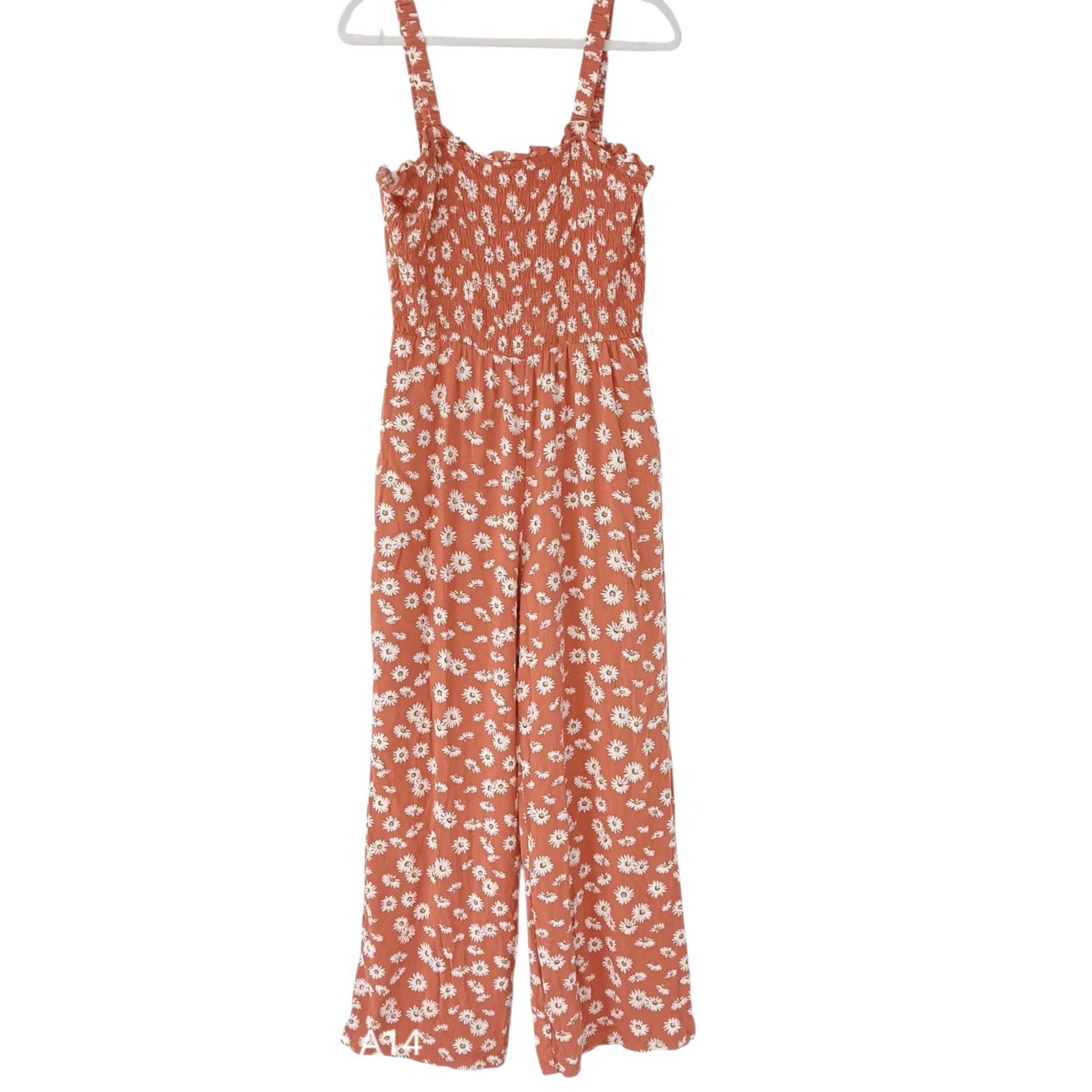 As U Wish Boho Jumpsuit Small  100% Rayon Brown Floral Capri Resort Romper Look