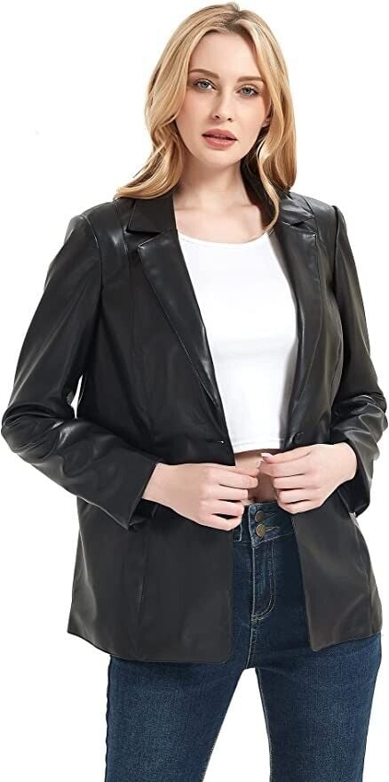 Women's Faux Leather Blazer Jacket Snap Buttons Casual Leather Shacket Jacket fo