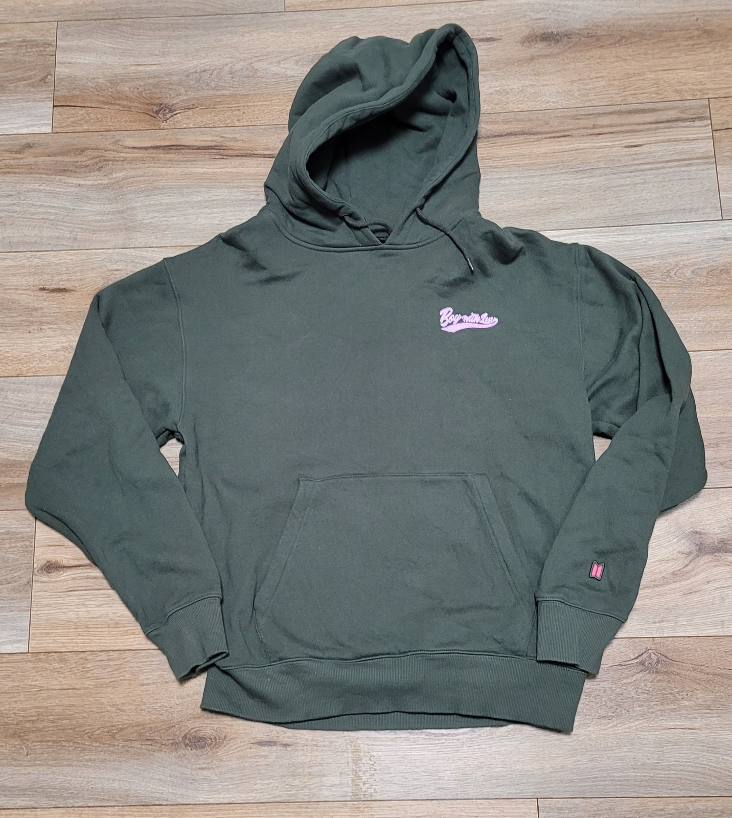 BTS x Boy with Luv Hoodie Varsity Logo Dark Olive Green Fleece | XL
