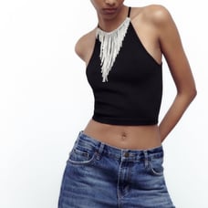Zara Black Seamless Jewel Halter Crop Top Sz XS