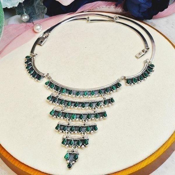 Vintage Taxco Mexico Malachite 925 Sterling Silver Necklace