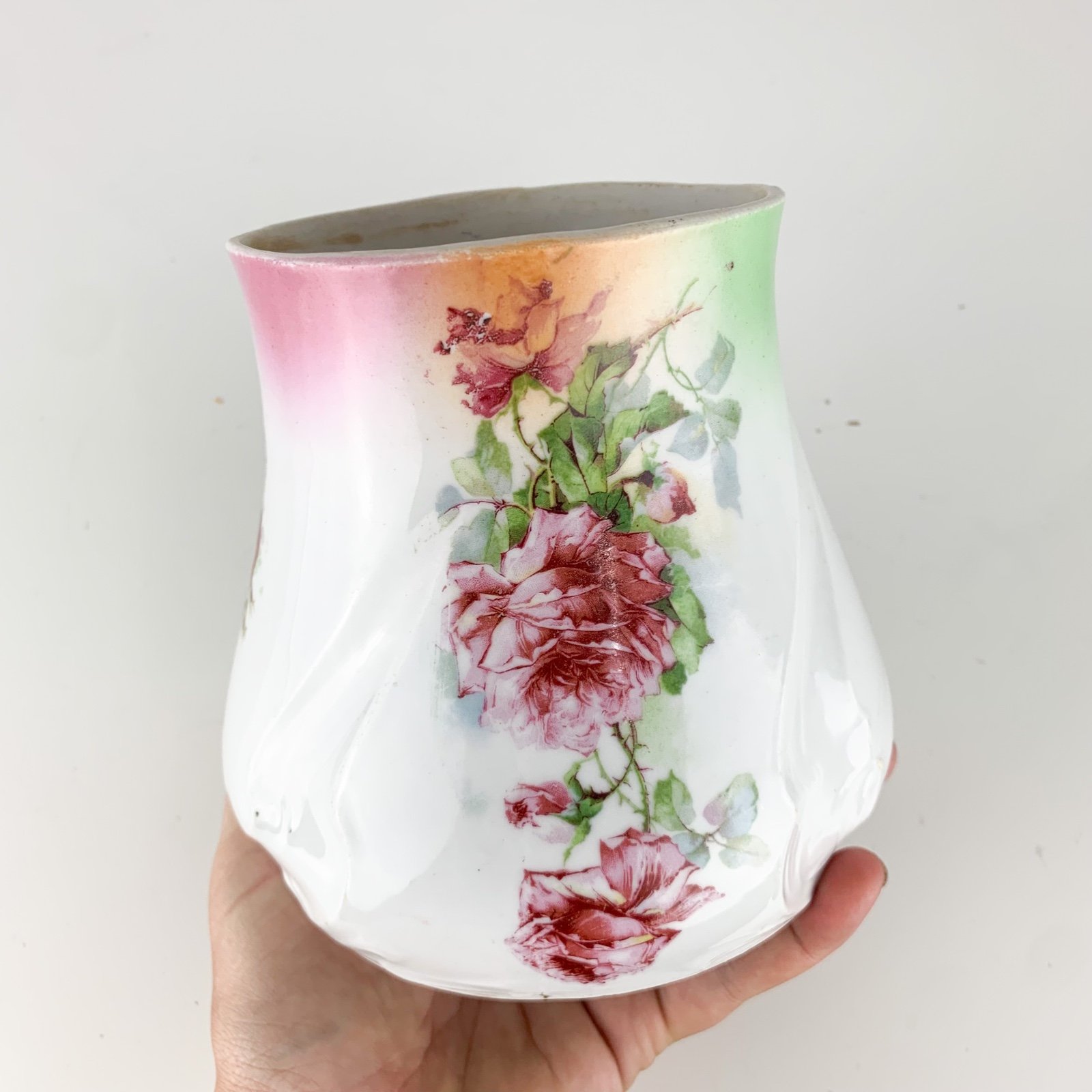 Antique Vintage Porcelain Rose Floral Vase Cache Pot Art Nouveau Lily Of Valley