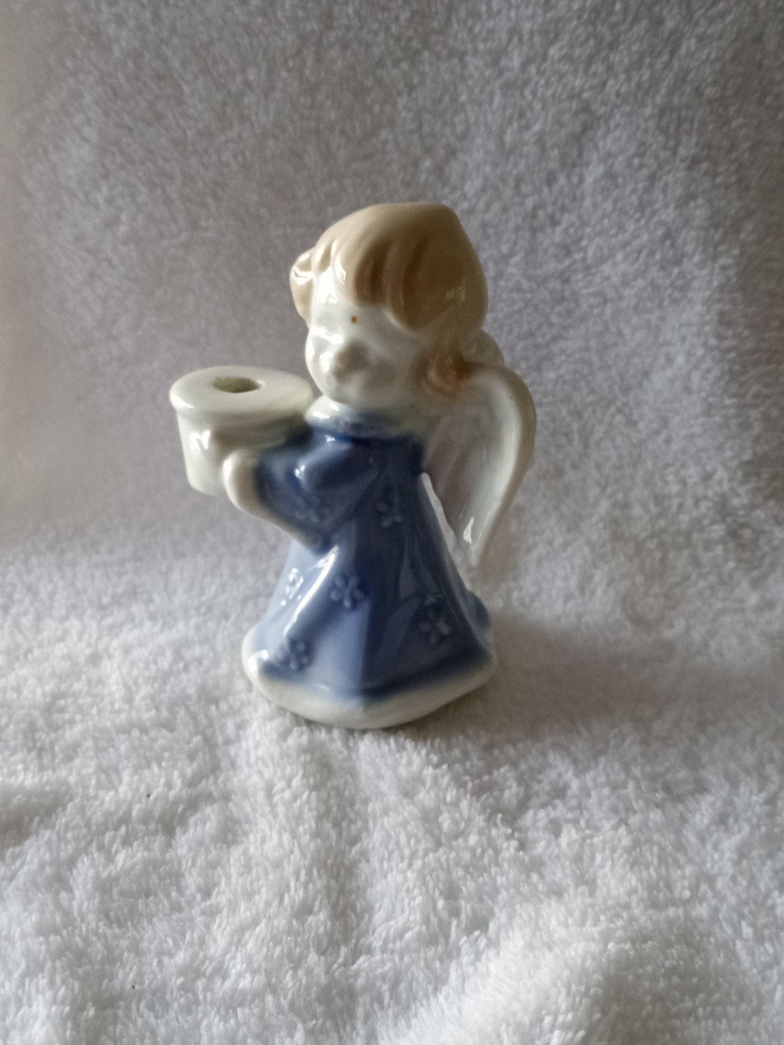 Vintage Blue White Angel Porcelain Praying Candle Holder Biedermann Christmas