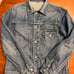 Denim blue jean jacket with button closure.