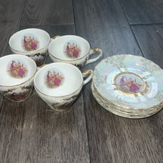 Victorian, gold trimmed, antique like, mini coffee cups with saucer plates