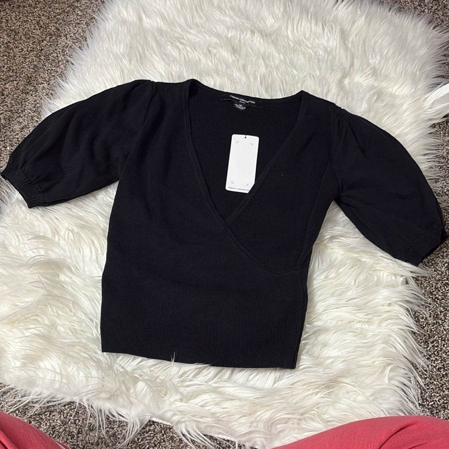NWT French Connection Black Cross Over Puff Sleeve Sweater Size XS