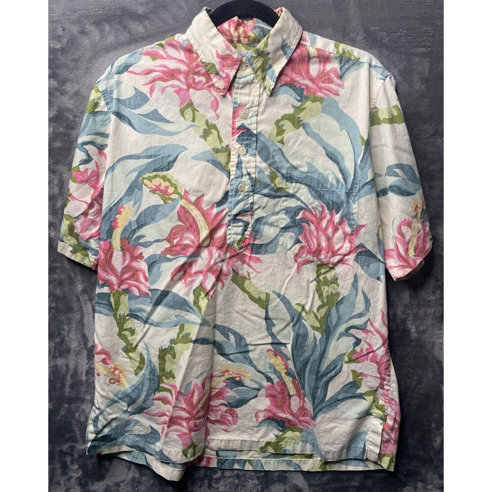 Vintage Reyn Spooner Hawaiian Shirt Men's XL Cream Floral 1/4 Button Classic 90s