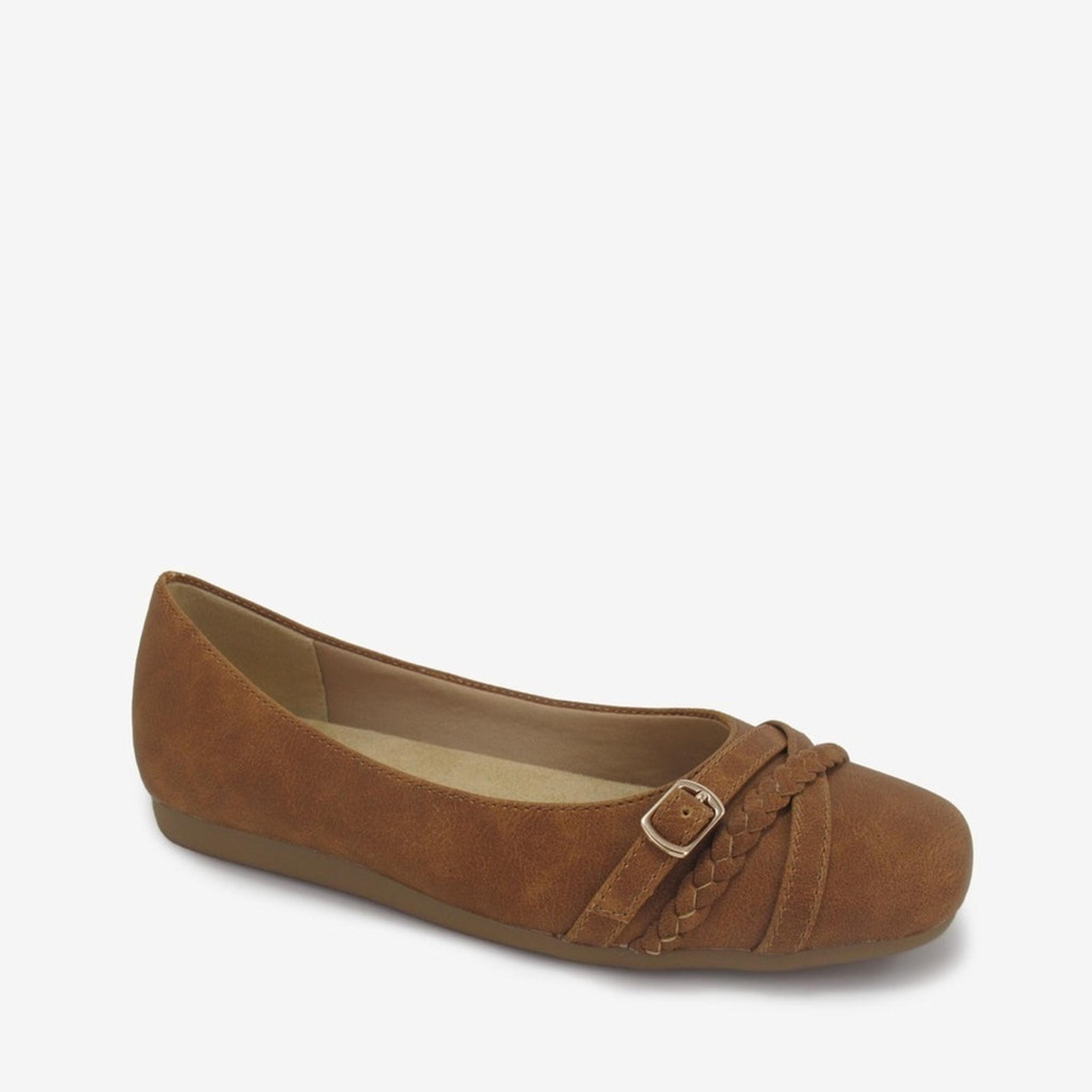 Jellypop Tan Vegan Leather Deliver Brown Round Toe Buckle Braided Strap Flats