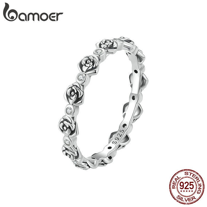 BAMOER 925 Sterling Silver Vintage Rose Wedding Party Ring Romance Women Gift