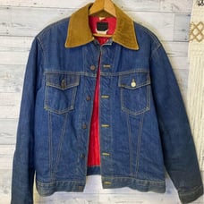 1960s Sears Roebucks denim jacket, brown corduroy collar, red quilted lining Siz