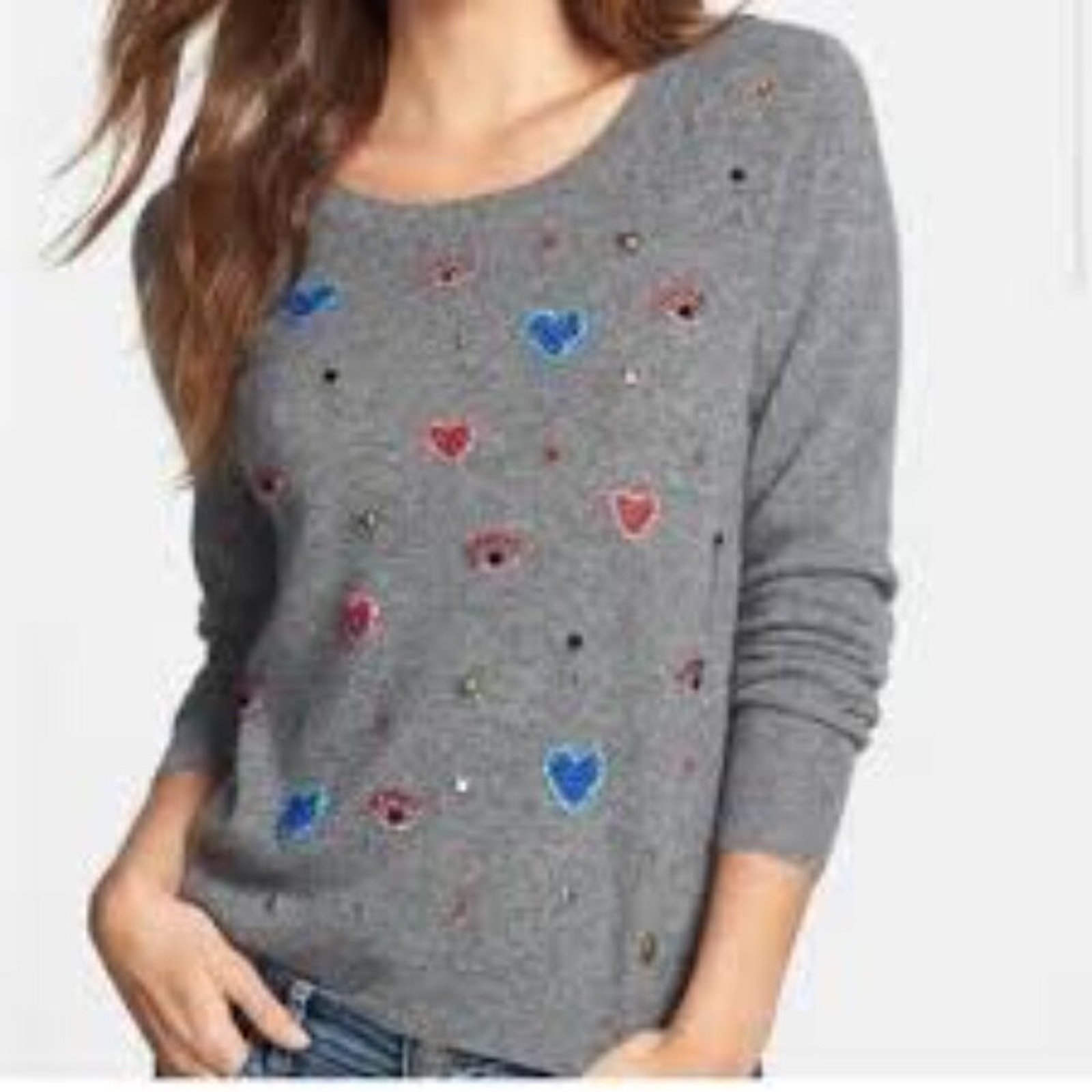 Halogen Cashmere womens petite small sequin heart sweater long sleeve cashmere