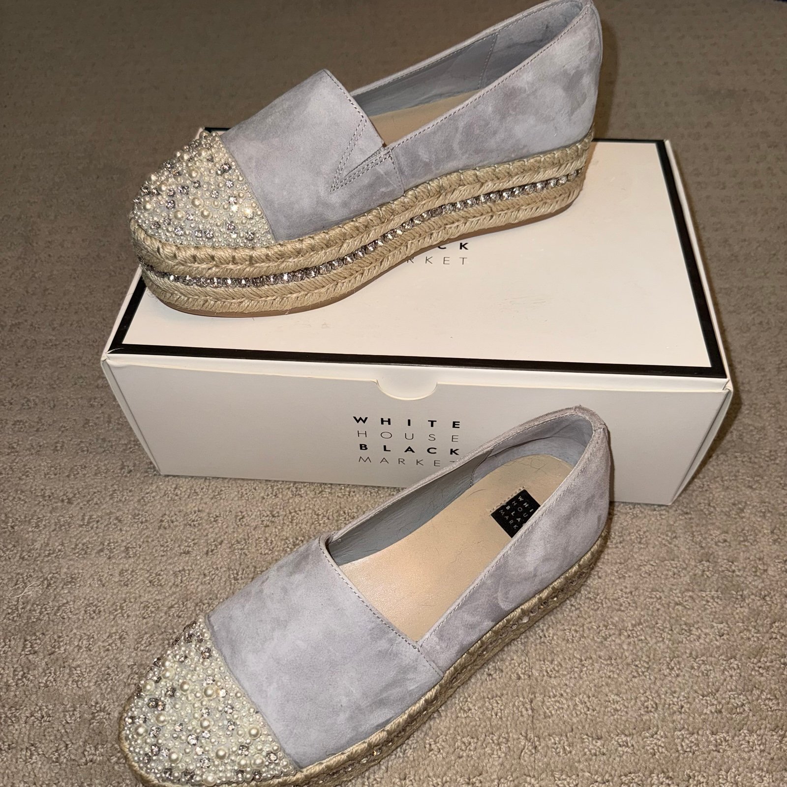 White House Black Market WHBM Pearl Rhinestone Suede Espadrilles Size 7.5