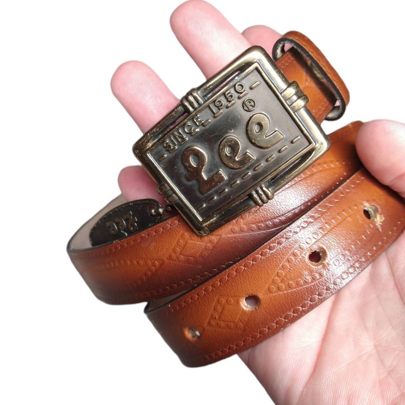 MCM Vintage Lee Jeans Tooled Leather Belt size Medium with Brass Buckle