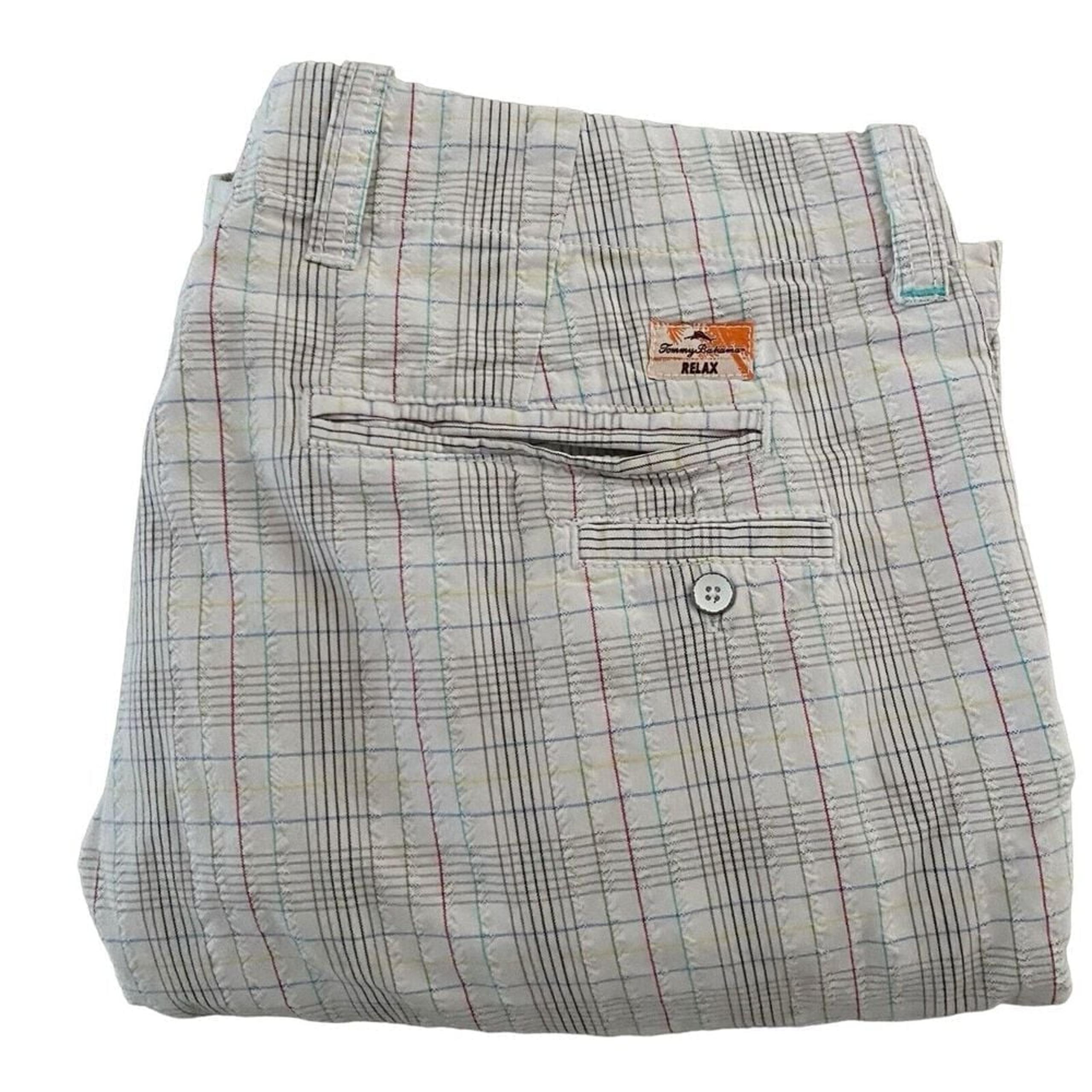 Tommy Bahama Seersucker Relax White Plaid Chino Flat Front Shorts Mens 34