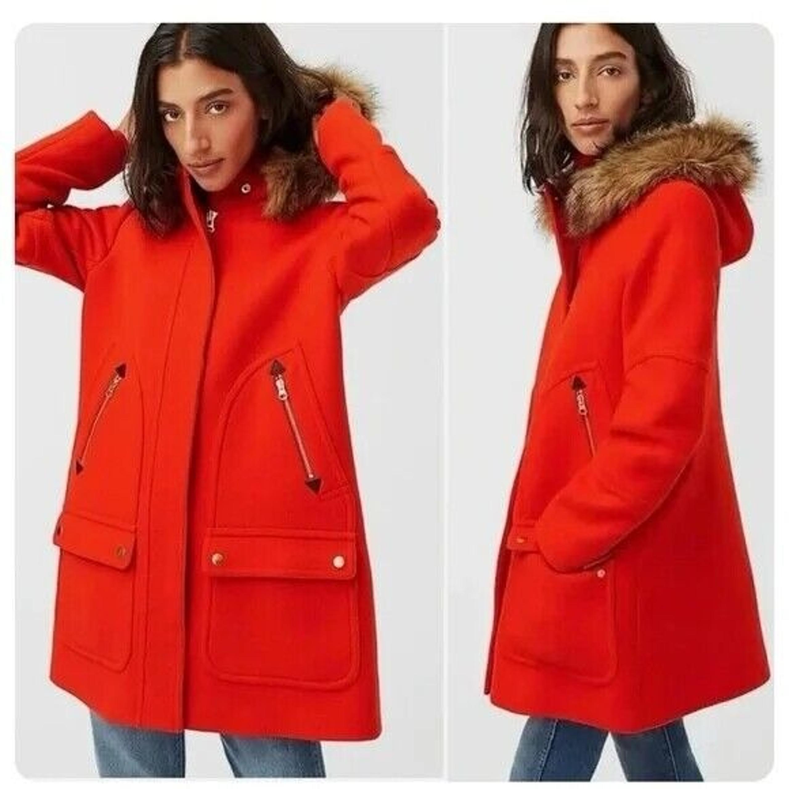 J. CREW Chateau Parka Wool Faux Fur Coat Size 4P Petite Stadium Cloth Nello Gori